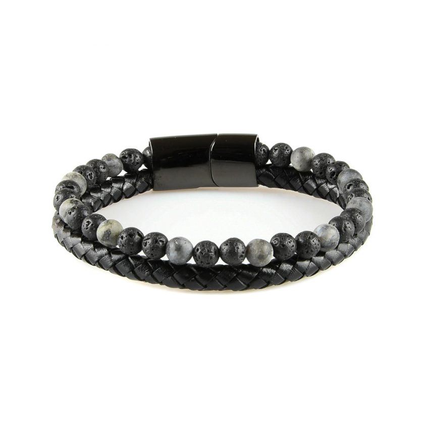 Très élégant bracelet pour homme en cuir noir avec des pierres de lave naturelles.