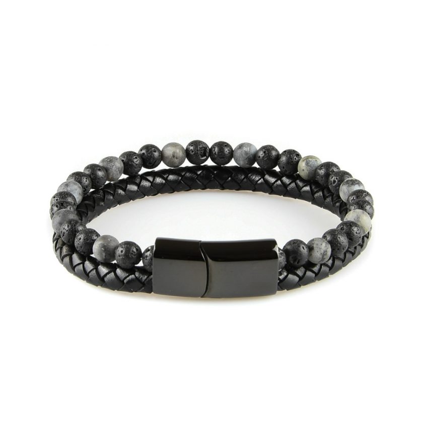 Très élégant bracelet pour homme en cuir noir avec des pierres de lave naturelles.