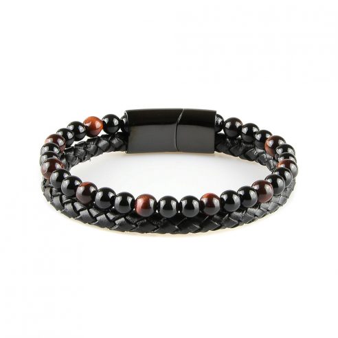 Très élégant bracelet pour homme en cuir noir avec des pierres d'onyx et d'œil de tigre rouge naturelles. 