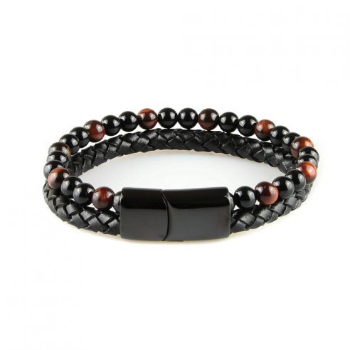 Très élégant bracelet pour homme en cuir noir avec des pierres d'onyx et d'œil de tigre rouge naturelles. 