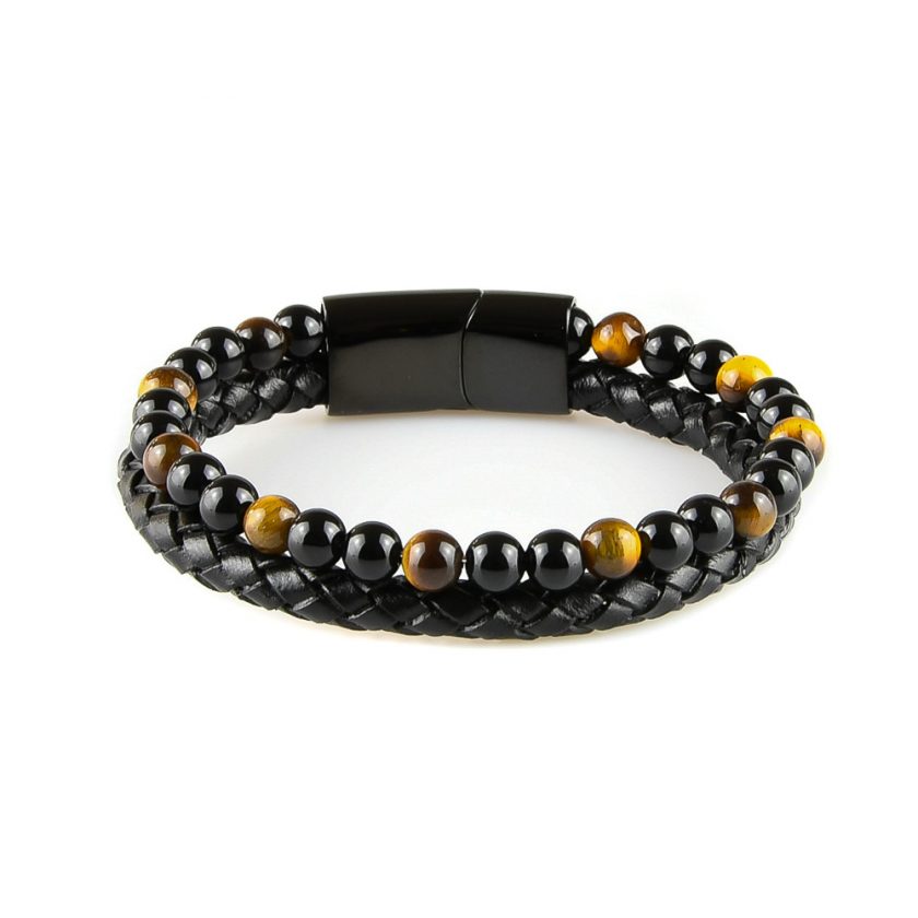 Bracelet pour homme en cuir noir avec des pierres œil de tigre naturelles.