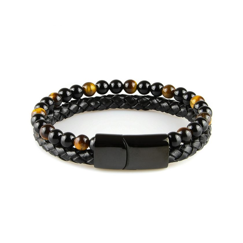 Bracelet pour homme en cuir noir avec des pierres œil de tigre naturelles.