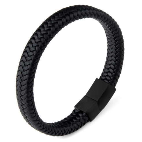 Bracelet homme en cuir tressé noir et fermoir acier noir