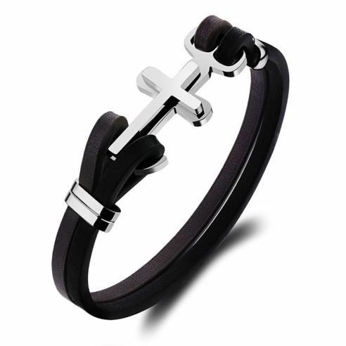 Bracelet pour homme avec deux lanières de cuir et une croix en acier.