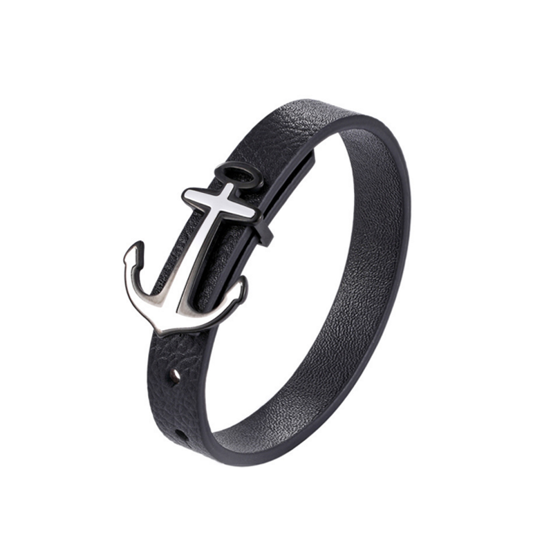 Bracelet pour homme en cuir noir avec une élégante ancre en acier inoxydable couleur argent.