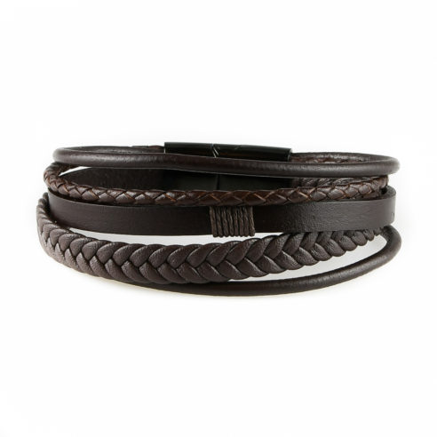 Bracelet pour homme composé de lanières de cuir marron lisse et tressé.