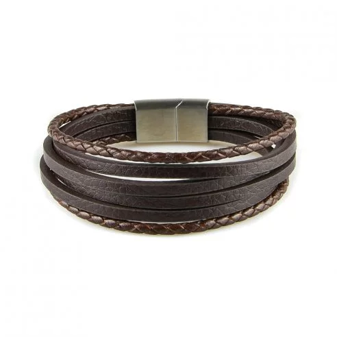 Bracelet pour homme composé de quatre lanières de cuir marron lisse et de deux lanières de cuir marron tressé.