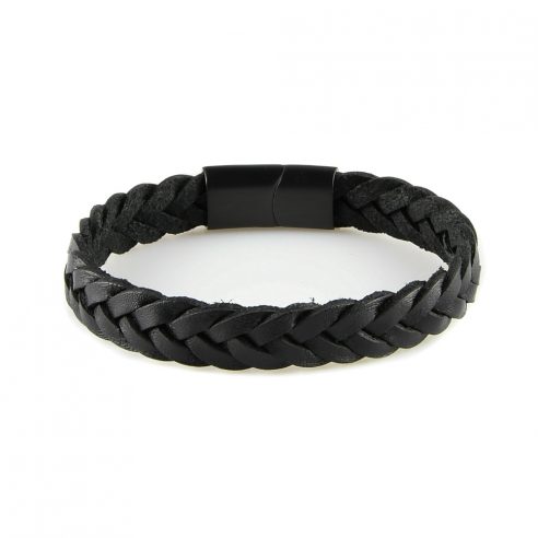 Bracelet pour homme en cuir noir tressé.