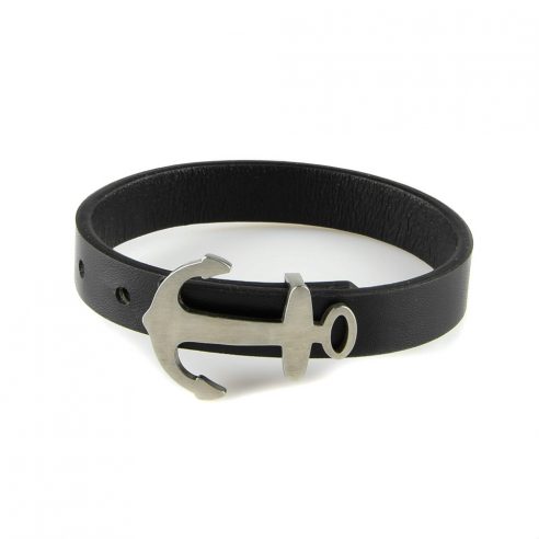 Bracelet pour homme en cuir noir avec une élégante ancre en acier inoxydable couleur argent.