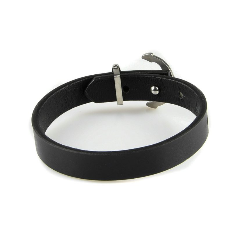 Bracelet pour homme en cuir noir avec une élégante ancre en acier inoxydable couleur argent.