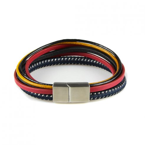 Bracelet pour homme composé d'e plusieurs lanières de cuir noir, bleu, rouge et ocre.