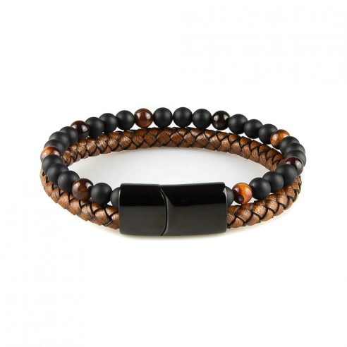 Bracelet pour homme composé d'une lanière de cuir tressé marron et de pierres œil de tigre rouge naturelles.