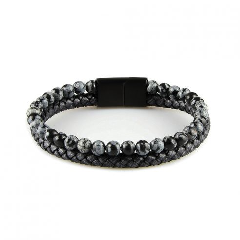 Bracelet pour homme composé d'une lanière de cuir tressé noir et de pierres d'obsidienne flocon de neige naturelles.