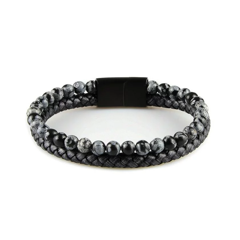Bracelet pour homme composé d'une lanière de cuir tressé noir et de pierres d'obsidienne flocon de neige naturelles.