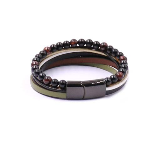 Bracelet pour homme composé de pierres oil de tigre rouge et de plusieurs lanières de cuir de couleur noir, marron, blanc, olive et ocre.