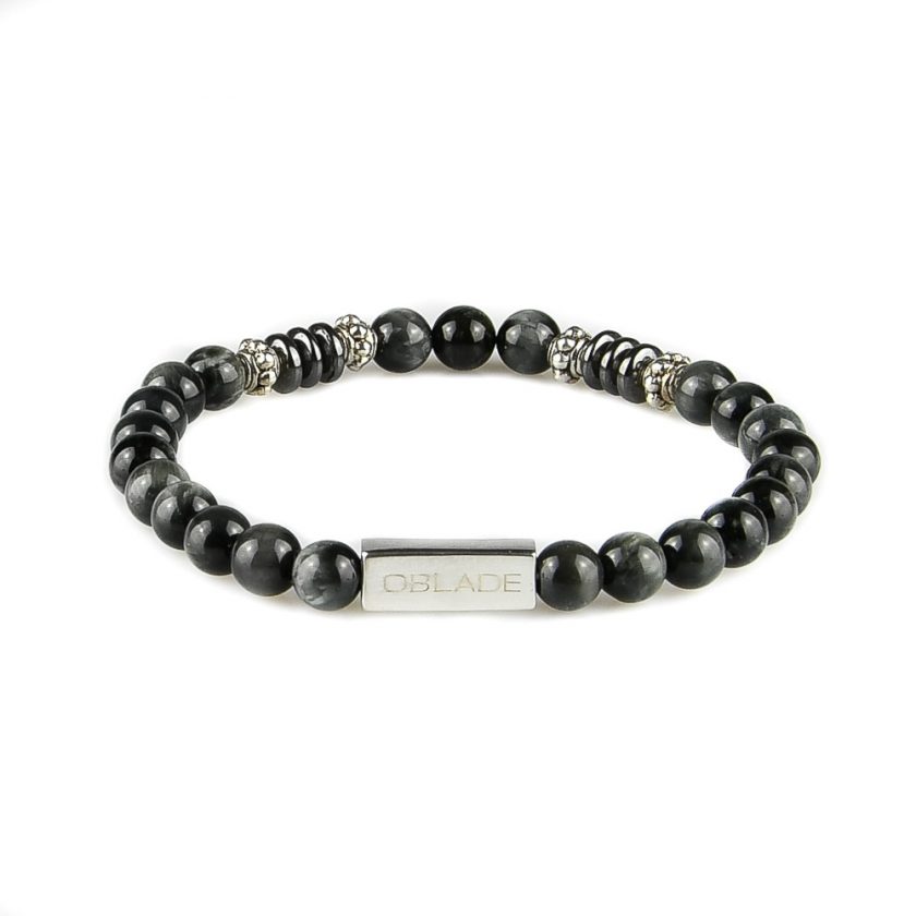 Bracelet homme en perles œil de faucon, disques d'hématite et pièces en argent 925. Perles de 6 mm.