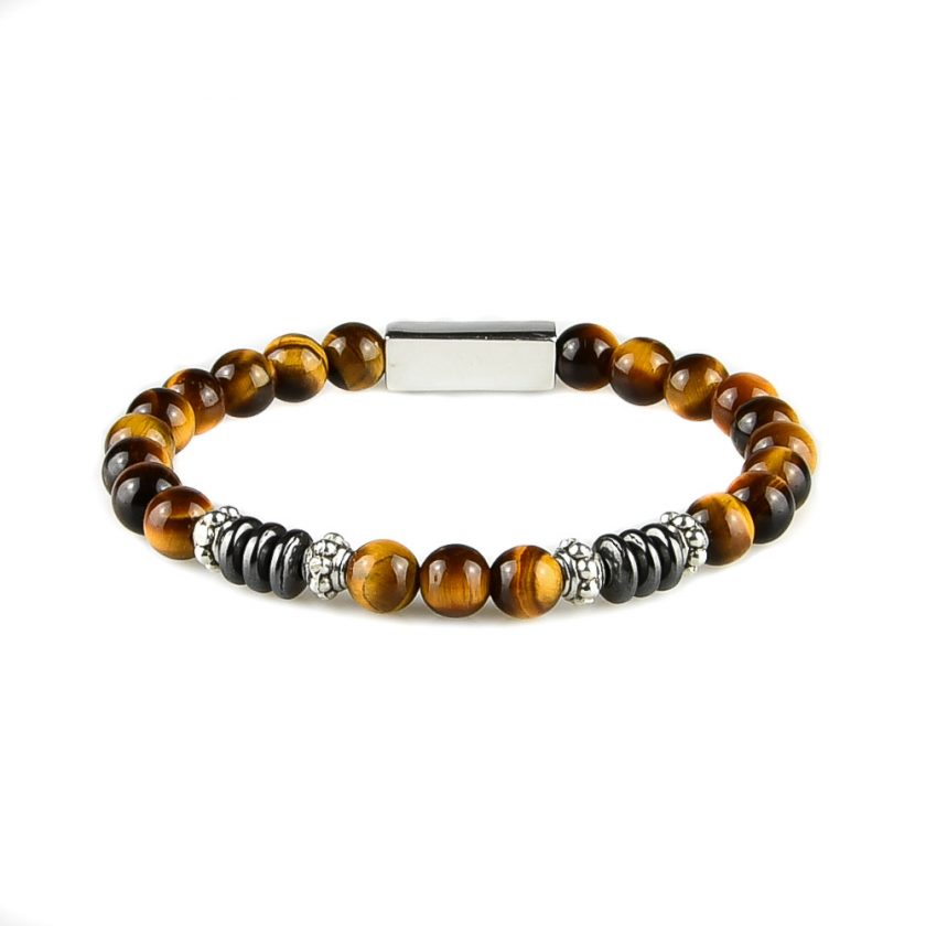 Bracelet homme en perles œil de tigre, disques d'hématite et pièces en argent 925.