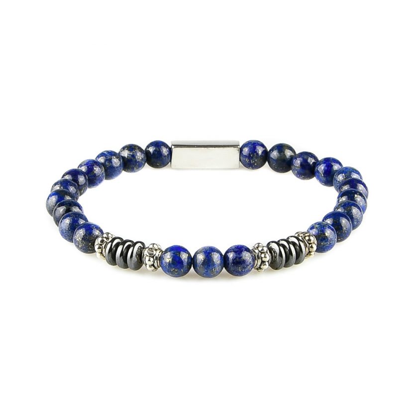 Bracelet homme en perles de lapis lazuli, disques d'hématite et pièces en argent 925.