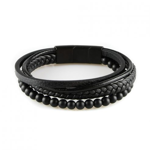 Bracelet pour homme composé de trois lanières de cuir tressé et lisse noir et de pierres d'onyx.