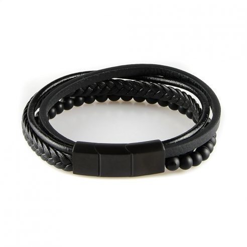 Bracelet pour homme composé de trois lanières de cuir tressé et lisse noir et de pierres d'onyx.