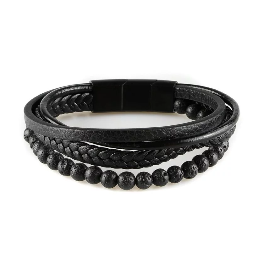 Bracelet pour homme composé de trois lanières de cuir tressé et lisse noir et de pierres de lave.