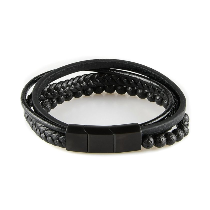 Bracelet pour homme composé de trois lanières de cuir tressé et lisse noir et de pierres de lave.