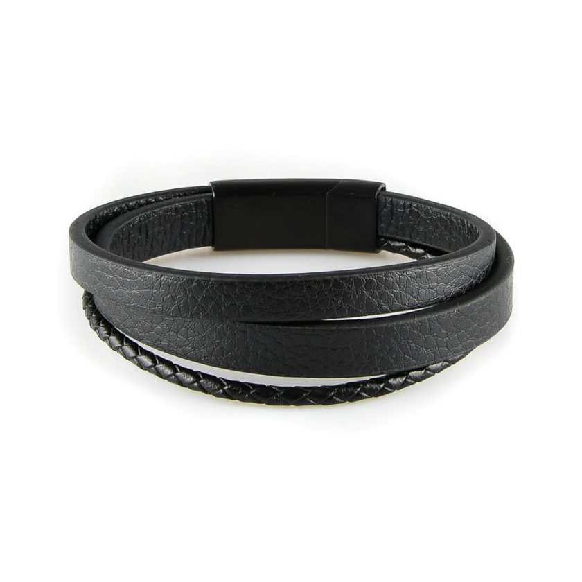 Bracelet pour homme composé d'une lanière de cuir tressé noir et de deux lanières de cuir lisse noir.