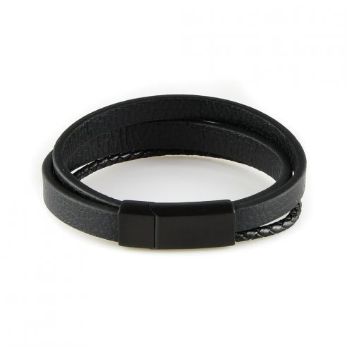 Bracelet pour homme composé d'une lanière de cuir tressé noir et de deux lanières de cuir lisse noir.