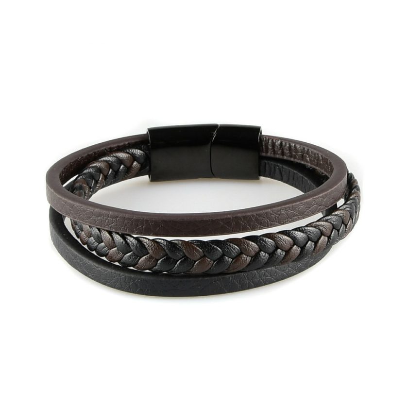 Bracelet pour homme composé d'une lanière de cuir tressé marron et noir et de deux lanières de cuir lisse, l'une noire et l'autre marron.