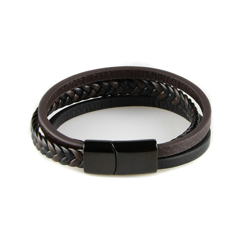 Bracelet pour homme composé d'une lanière de cuir tressé marron et noir et de deux lanières de cuir lisse, l'une noire et l'autre marron.