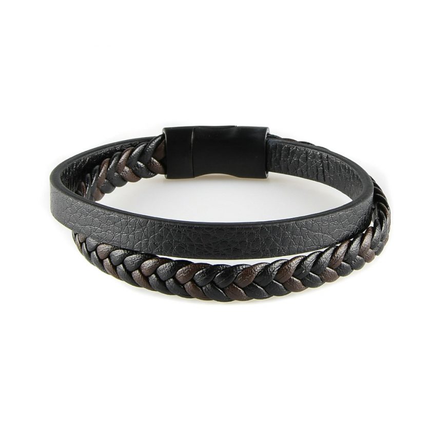 Bracelet pour homme composé d'une lanière de cuir tressé marron et noir et d'une lanière de cuir lisse noir.