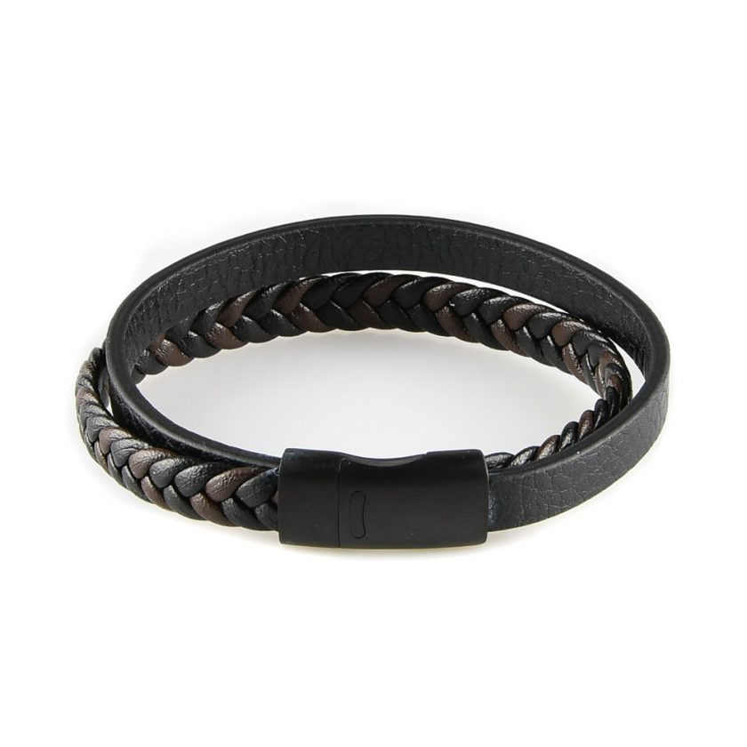 Bracelet pour homme composé d'une lanière de cuir tressé marron et noir et d'une lanière de cuir lisse noir.