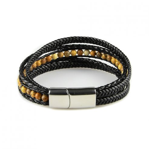Bracelet pour homme composé de plusieurs lanières de cuir noir lisse et tressé, et de pierres de jaspe scénique.