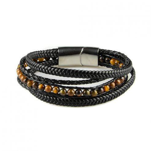 Bracelet pour homme composé de plusieurs lanières de cuir noir lisse et tressé, et de pierres œil de tigre.