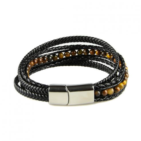 Bracelet pour homme composé de plusieurs lanières de cuir noir lisse et tressé, et de pierres œil de tigre.