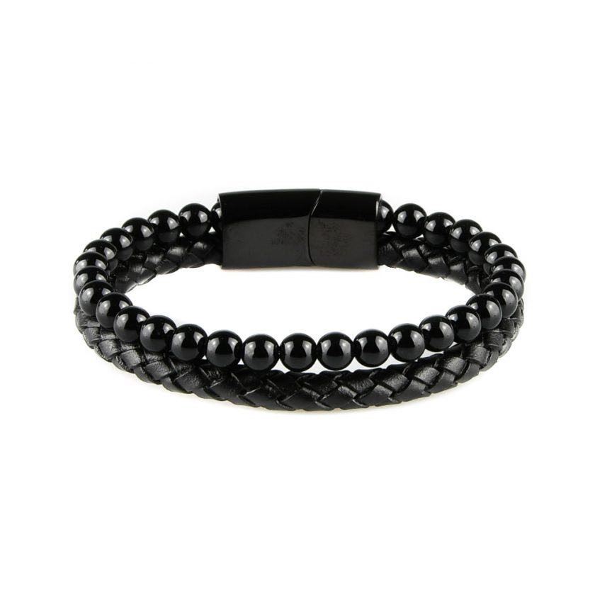 Bracelet pour homme en cuir noir tressé avec des pierres d'onyx.