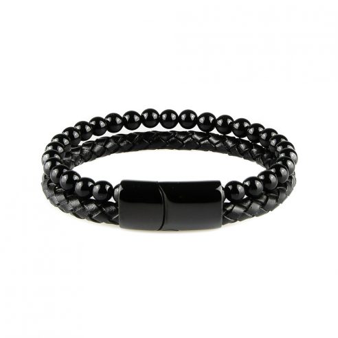 Bracelet pour homme en cuir noir tressé avec des pierres d'onyx.