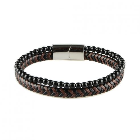 Bracelet pour homme composé d'une lanière de cuir tressé marron et noir et de pierres d'onyx.