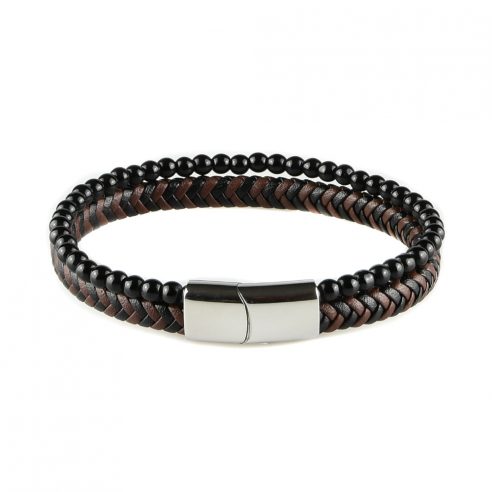 Bracelet pour homme composé d'une lanière de cuir tressé marron et noir et de pierres d'onyx.