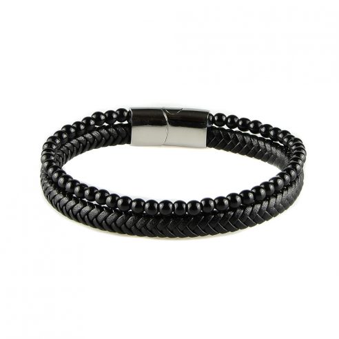 Bracelet pour homme composé d'une lanière de cuir tressé noir et de pierres d'onyx.