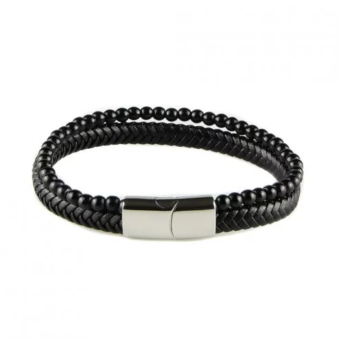 Bracelet pour homme composé d'une lanière de cuir tressé noir et de pierres d'onyx.