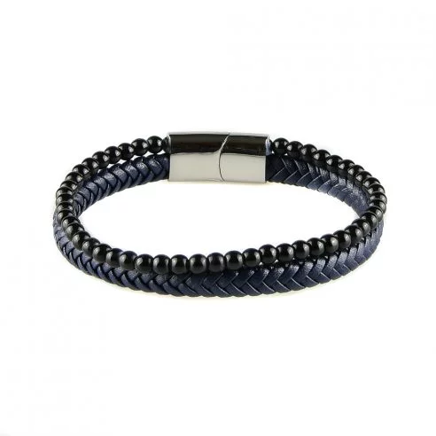 Bracelet pour homme composé d'une lanière de cuir tressé bleu et de pierres d'onyx.