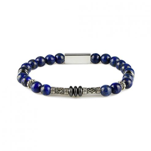 Bracelet homme en perles de lapis lazuli, disques d'hématite et pièces en argent 925.