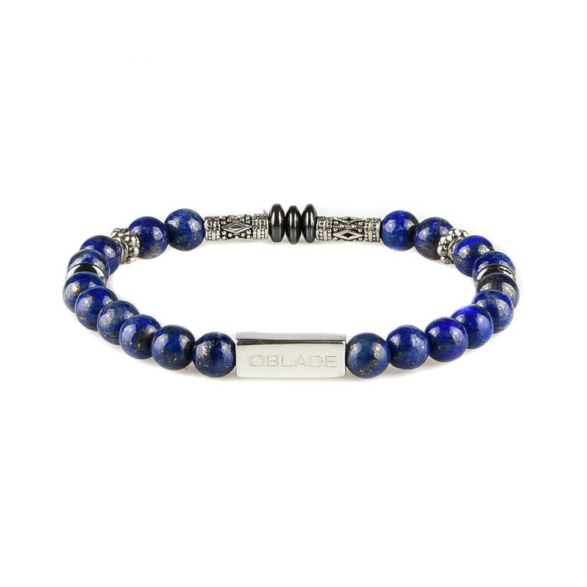 Bracelet homme en perles de lapis lazuli, disques d'hématite et pièces en argent 925.