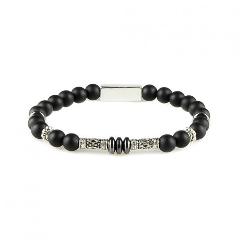 Bracelet homme en perles d'onyx, disques d'hématite et pièces en argent 925. Perles de 6 mm.