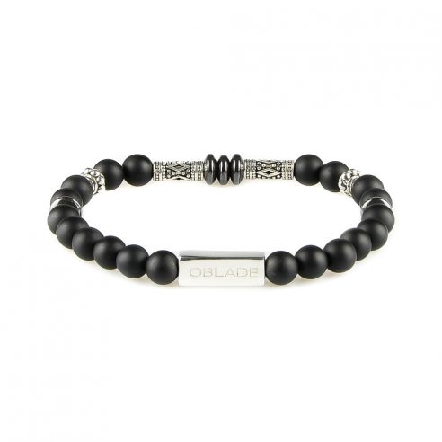 Bracelet homme en perles d'onyx, disques d'hématite et pièces en argent 925. Perles de 6 mm.