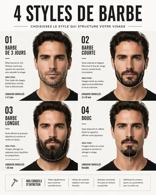 Différents styles de barbe homme selon la morphologie du visage