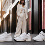basket blanche femme tendance 2025 sur le trottoir urbain