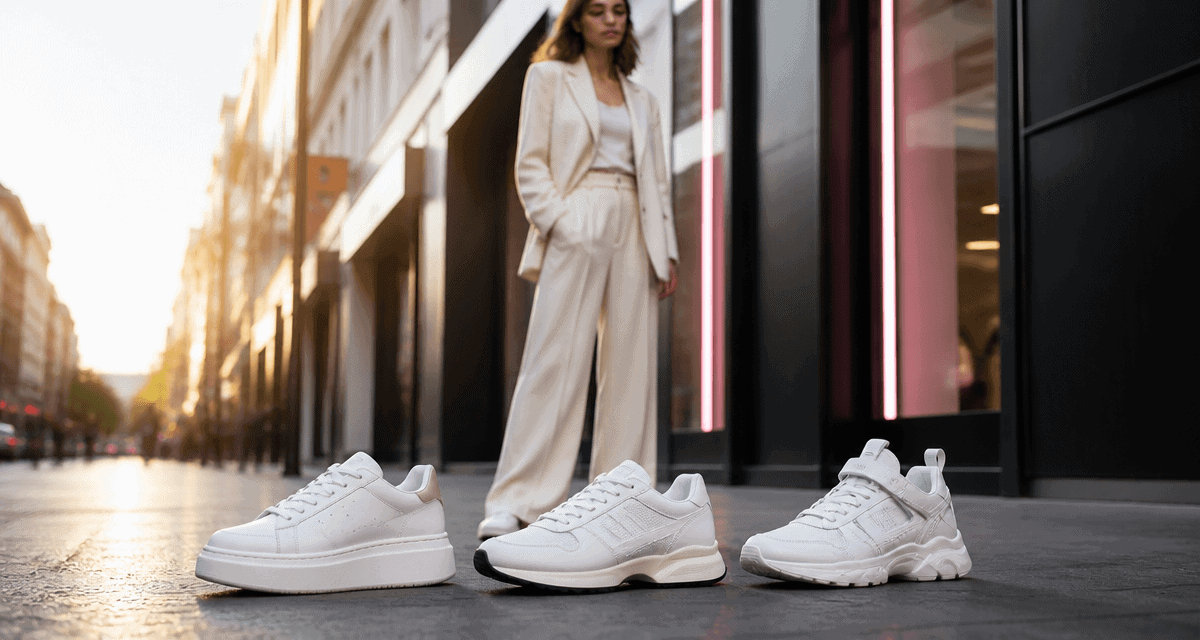 basket blanche femme tendance 2025 sur le trottoir urbain