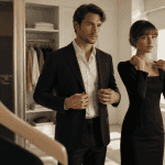Homme et femme bien habillés devant miroir garde-robe minimaliste